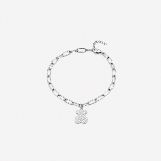 Pulsera con Dije de Oso Plateado